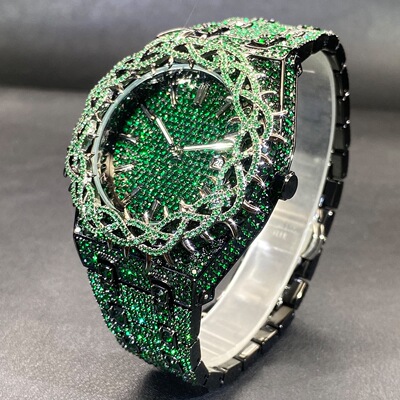 ICED饰品绿钻荆棘皇冠满钻橡树手表嘻哈欧美hiphop重工定制手链