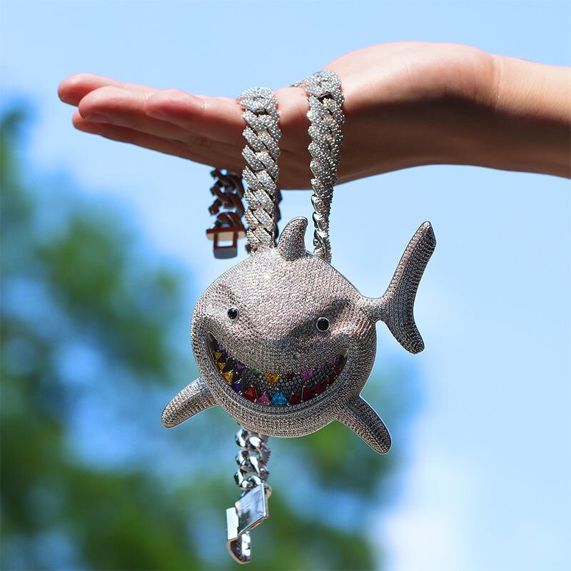 blitz boy欧美6ix9ine同款大鲨鱼吊坠 嘻哈满钻锆石项链吊坠