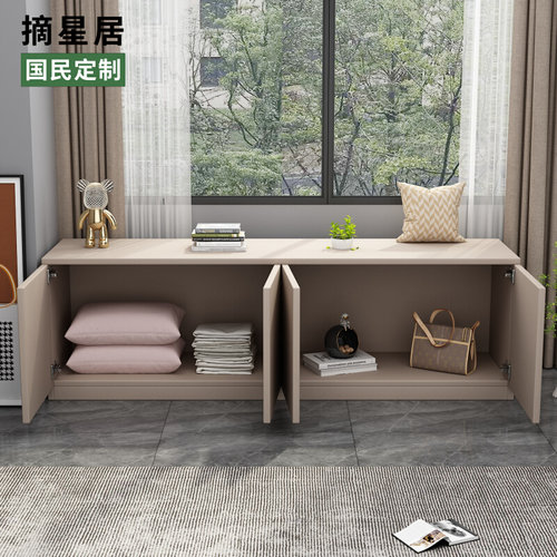 实木阳台柜子收纳柜家用阳台收纳置物柜大容量地柜矮柜飘窗柜定制