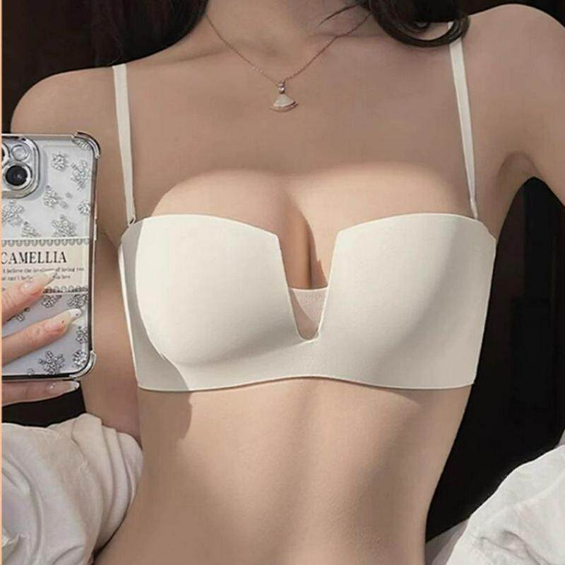 四角杯无肩带内衣女夏薄款蕾丝小胸聚拢收副乳无钢圈文胸隐形无痕