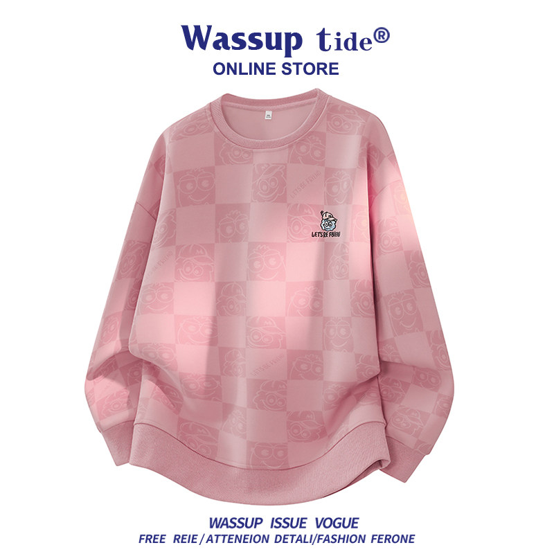WASSUP TIDE棋盘格印花卫衣男士冬装圆领套头休闲长袖时尚潮上衣