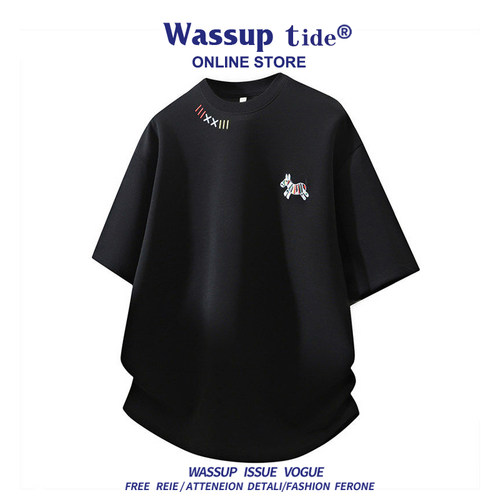 WASSUP TIDE新款重工字母刺绣T恤美式短袖男宽松百搭华棉圆领T恤