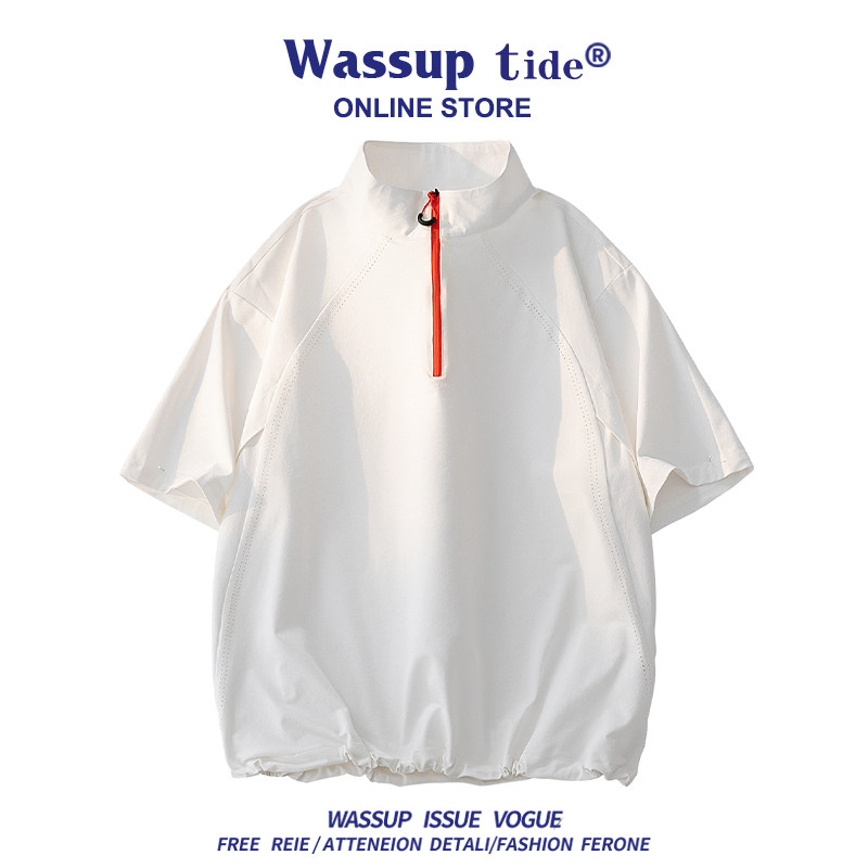 WASSUP TIDE夏季新款宽松大码百搭休闲短袖设计感线条拉链男T恤潮