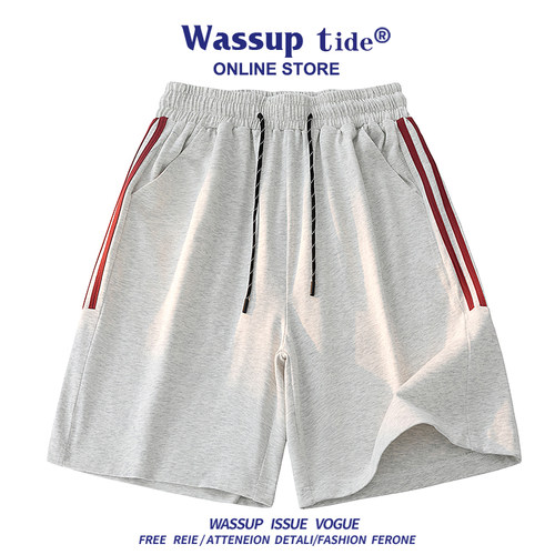 WASSUP TIDE夏季新款三条杠华棉百搭纯色短裤男休闲潮流抽绳裤子