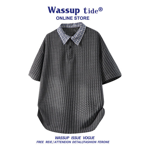 WASSUP TIDE复古翻领几何纹短袖潮日常休闲上衣百搭简约商务T恤男