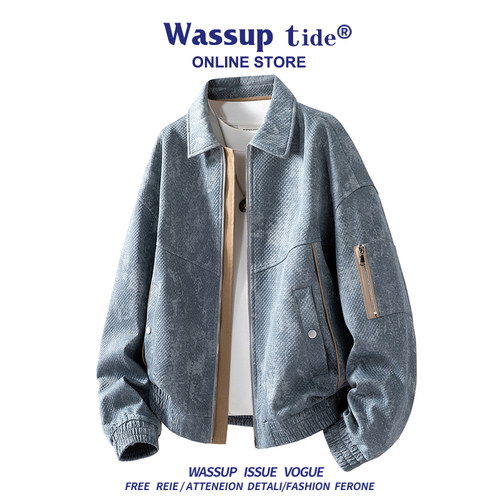 WASSUP TIDE男士夹克秋季美式潮流宽松休闲工装冲锋衣仿牛仔外套