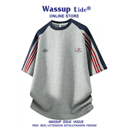 WASSUP TIDE夏季美式印花短袖圆领拼色时尚三条杠运动T恤男女百搭