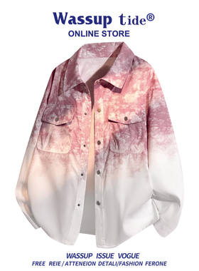 WASSUP TIDE美式扎染渐变夹克男秋季新款牛仔衬衫女宽松外套长袖