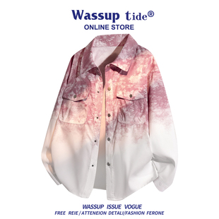 WASSUP TIDE美式扎染渐变夹克男秋季新款牛仔衬衫女宽松外套长袖