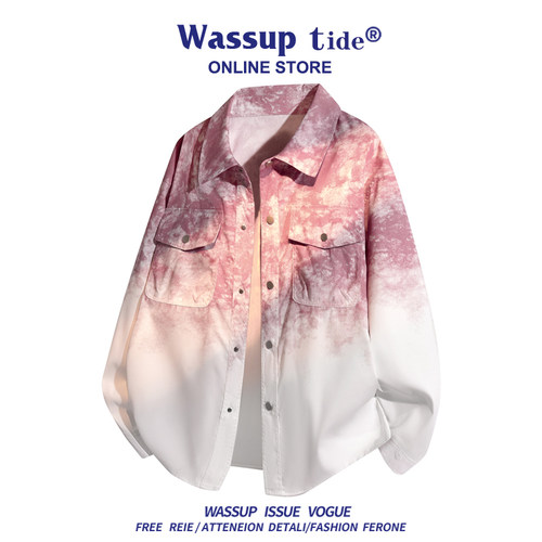 WASSUP TIDE美式扎染渐变夹克男秋季新款牛仔衬衫女宽松外套长袖