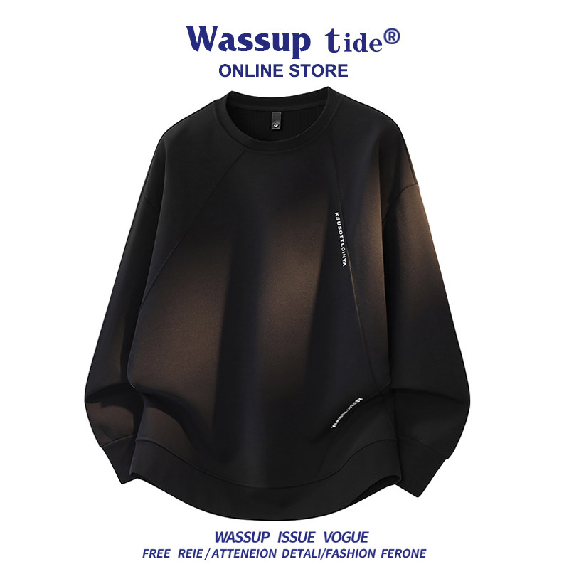 WASSUP TIDE男士圆领卫衣秋季潮牌宽松大码上衣时尚设计感打底衫