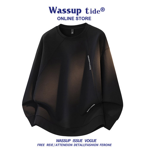 WASSUP TIDE男士圆领卫衣秋季潮牌宽松大码上衣时尚设计感打底衫