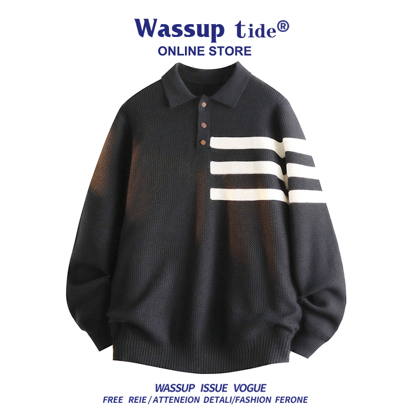 WASSUP TIDE男士针织衫复古翻领毛衣条纹POLO领高级感休闲打底衫