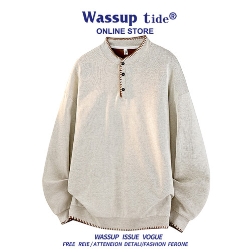WASSUP TIDE秋冬新款美式亨利领卫衣男女大码设计感长袖内搭上衣