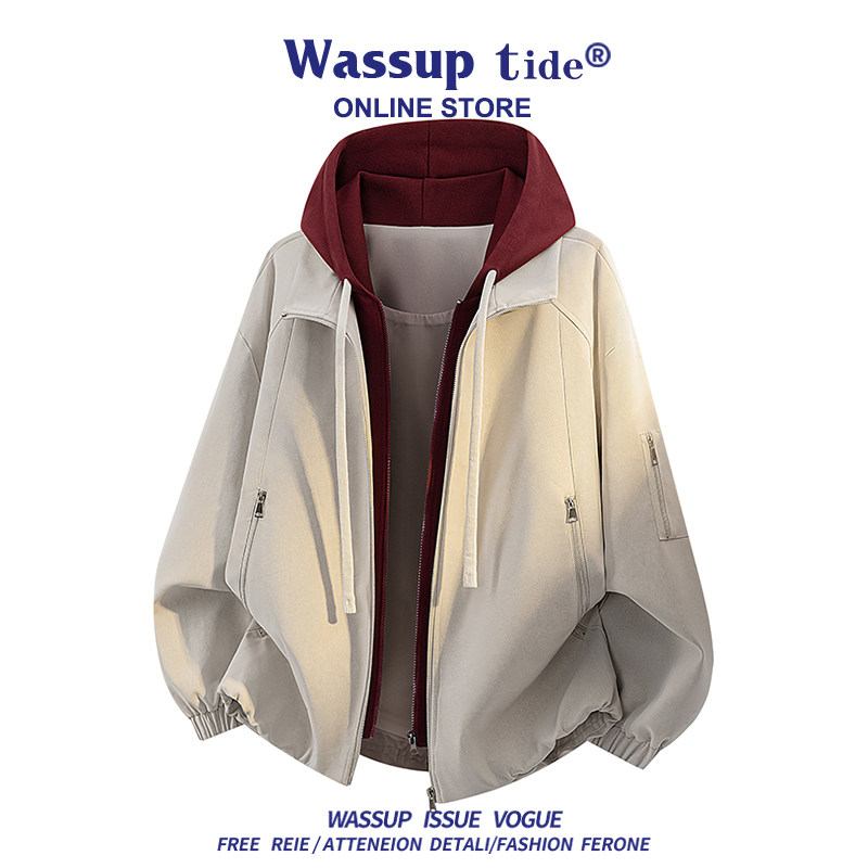 WASSUP TIDE秋冬季拼色美式潮牌假两件卫衣复古宽松夹克男女同款