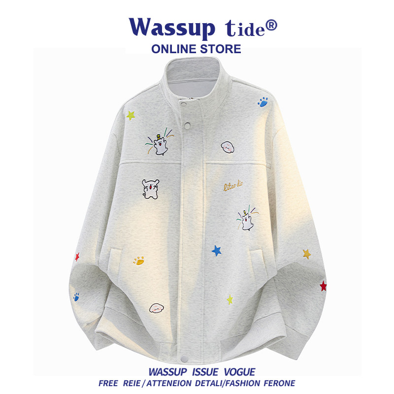 WASSUP TIDE新款华棉重磅开衫卫衣男女时尚百搭宽松设计感刺绣衣