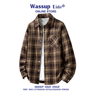 WASSUP TIDE百搭格子衬衫设计感外套男士帅气穿搭立领上衣时尚帅