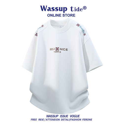 WASSUP TIDE时尚宽松潮流情侣T恤百搭简约刺绣短袖男女圆领上衣夏