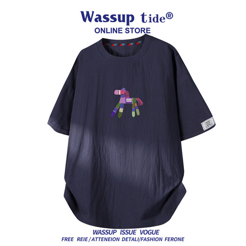 WASSUP TIDE夏季华棉透气小马卡通印花短袖时尚百搭男女同款宽松