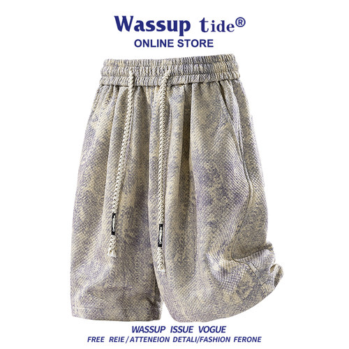 WASSUPTIDE美式扎染短裤男士夏季运动宽松休闲裤透气五分裤中裤子