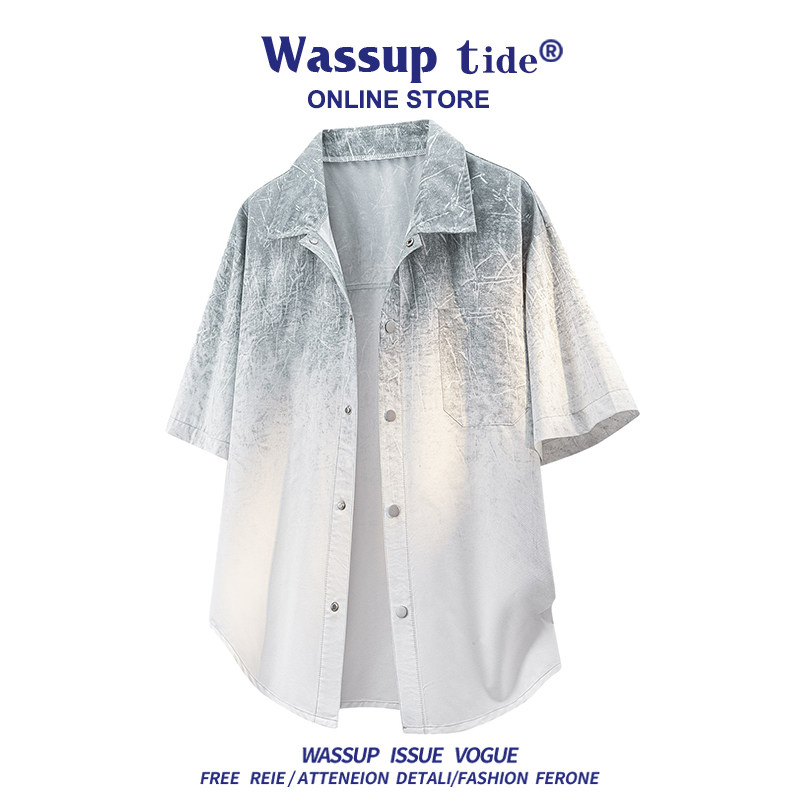 WASSUP TIDE新款大码冰感短袖衬衫男港风翻领渐变扎染潮牌衬衣男图片
