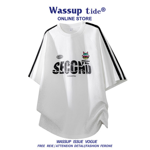 WASSUP TIDE情侣款T恤男女潮夏季宽松百搭三条杠字母印花短袖上衣