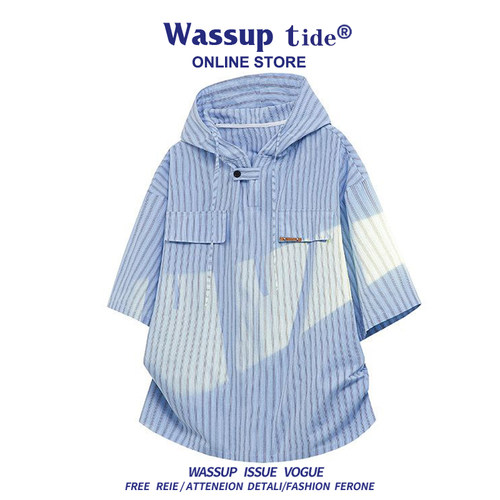 WASSUP TIDE新款夏季条纹连帽短袖男纽扣领时尚休闲百搭宽松上衣