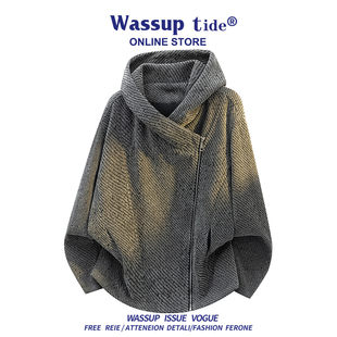 WASSUP TIDE新款交叉领设计感卫衣情侣原宿风上衣复古大领显瘦潮