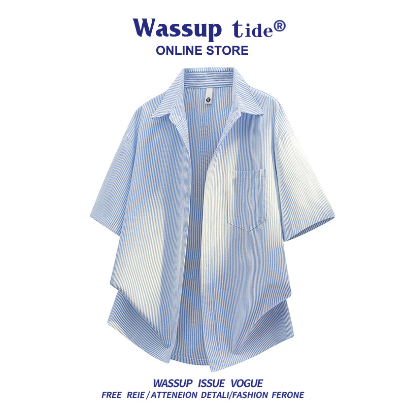WASSUP TIDE夏季条纹短袖衬衫男宽松休闲潮牌古巴领透气衬衣上衣
