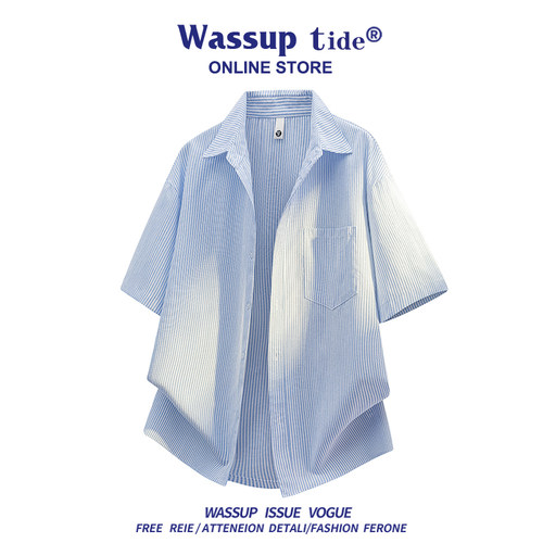 WASSUP TIDE夏季条纹短袖衬衫男宽松休闲潮牌古巴领透气衬衣上衣