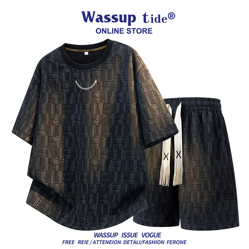 WASSUP TIDE新款休闲套装夏季短袖男女满印休闲潮流情侣百搭短裤
