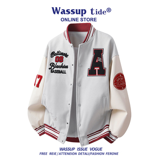 WASSUP TIDE新款美式字母刺绣派克服男女情侣百搭时尚棒球领夹克