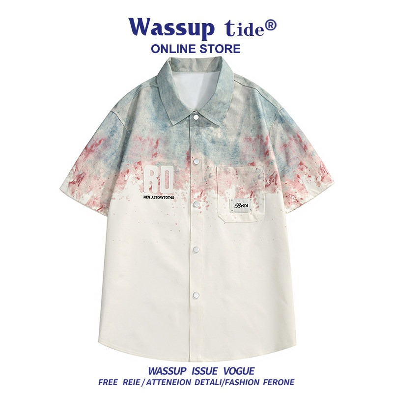 WASSUP TIDE美式渐变扎染短袖衬衫男夏季宽松休闲潮牌拼接上衣服图片