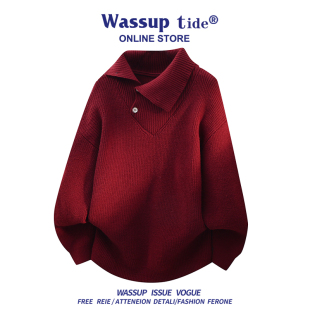 纽扣套头多色长袖 WASSUP 翻领设计感毛衣情侣冬季 针织衫 TIDE男士
