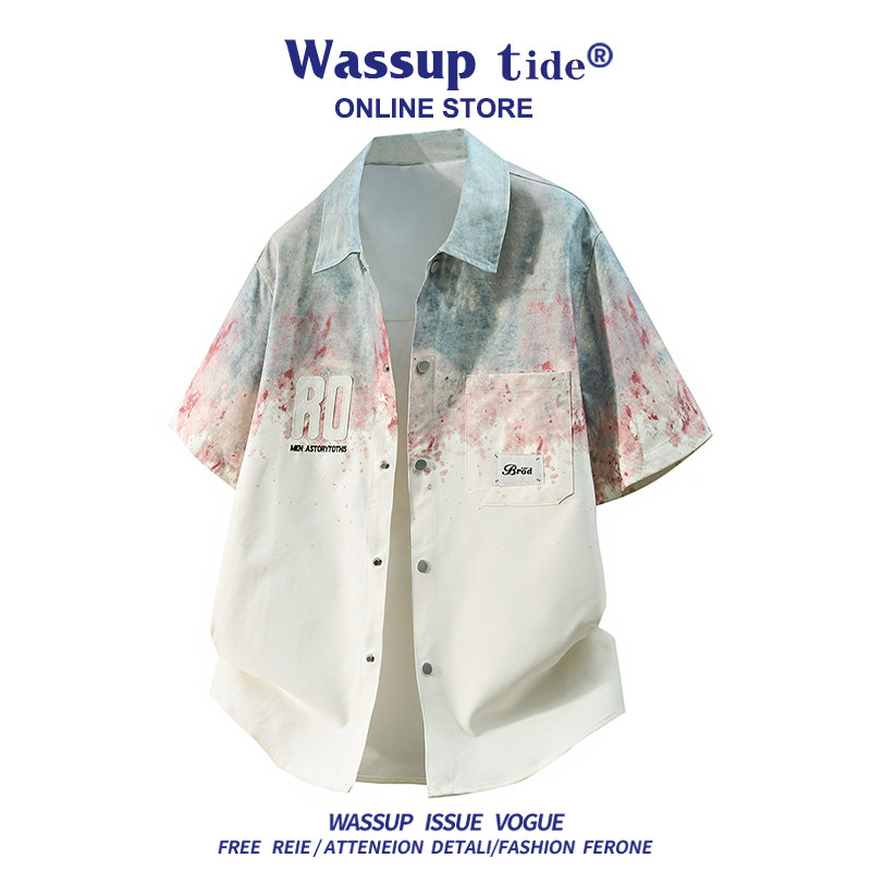 WASSUP TIDE美式渐变扎染短袖衬衫男夏季宽松休闲潮牌拼接上衣服
