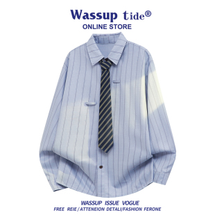 WASSUP TIDE新款秋季原宿风条纹印花衬衫百搭宽松长袖上衣男帅气