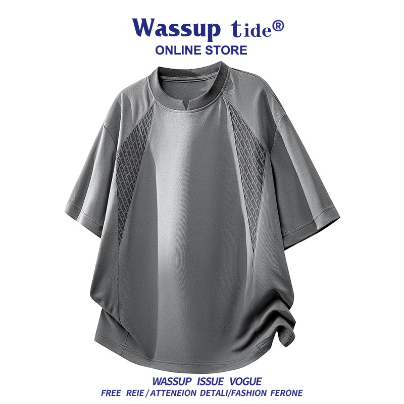 WASSUP TIDE肌理拼接小V领短袖T恤男夏季宽松透气冰丝感休闲上衣