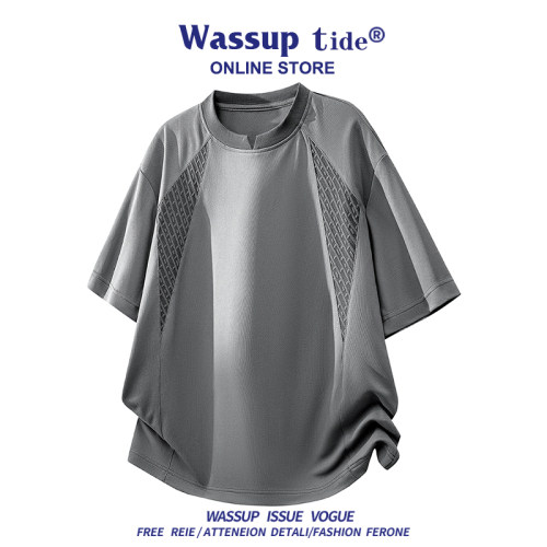 WASSUP TIDE肌理拼接小V领短袖T恤男夏季宽松透气冰丝感休闲上衣