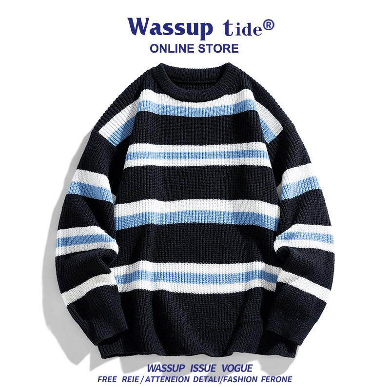 WASSUP TIDE男士毛衣秋冬潮宽松休闲条纹针织衫圆领套头长袖内搭