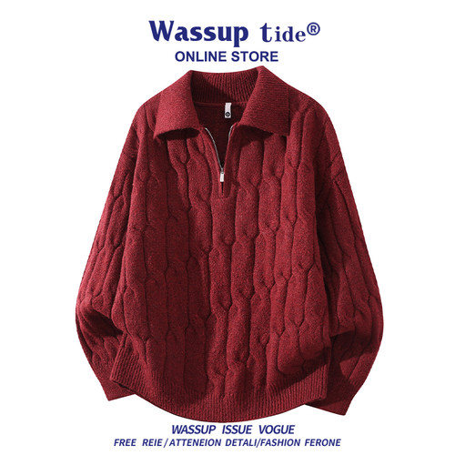 WASSUP TIDE重磅复古红本命年绵羊毛毛衣男情侣冬季保暖V领针织衫