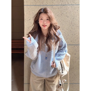 parkyeon韩系软糯撞色针织衫毛衣外套女春秋新款阔腿休闲裤套装