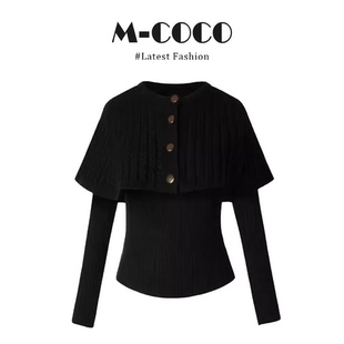 parkyeon法式高级感黑色斗篷针织衫上衣搭显瘦喇叭裤冬季套装