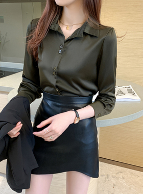 缎面衬衫女长袖春秋装新款百搭洋气复古绿色上衣设计感小众衬衣潮