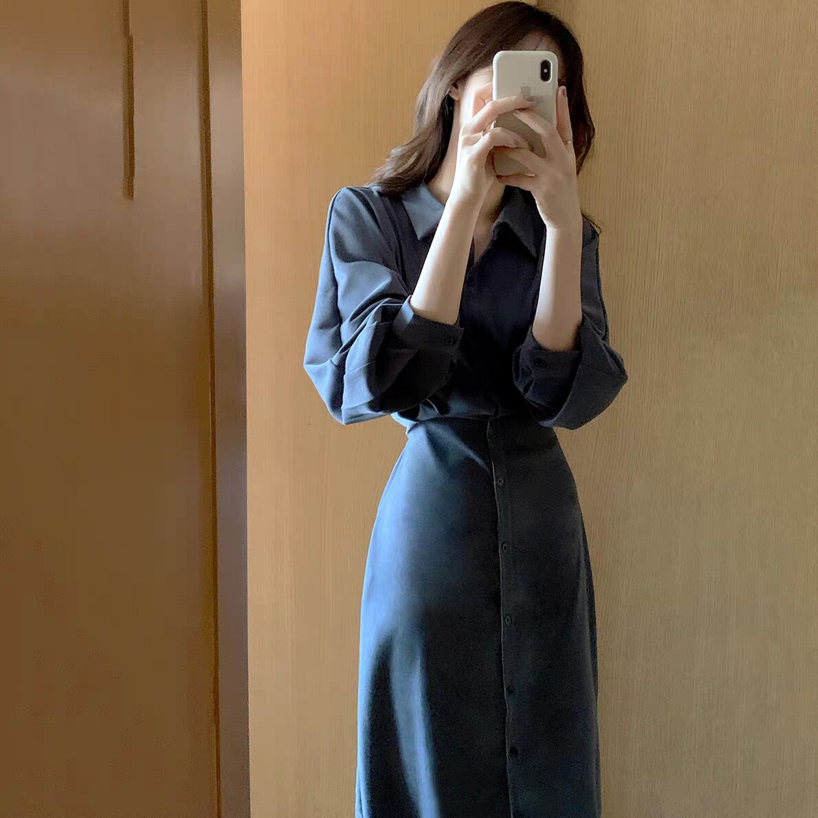 小个子中长款连衣裙女韩版气质收腰显瘦衬衣裙法式轻熟过膝长裙子