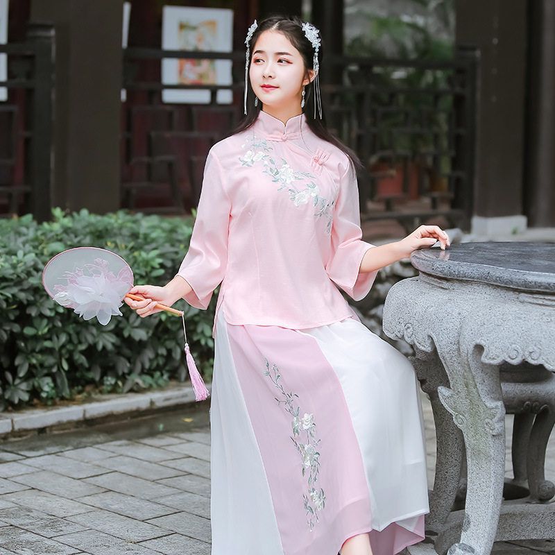 旗袍盘口唐装中袖汉服学生装女刺绣风民国复古中国风女式中式上衣