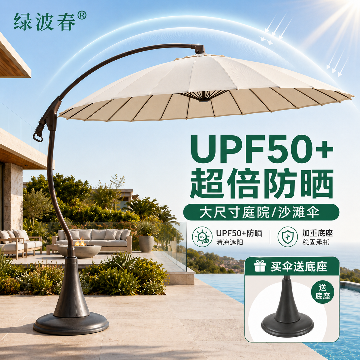 绿波春户外庭院圆形遮阳伞防晒太阳伞花园阳台室外庭院24骨罗马伞