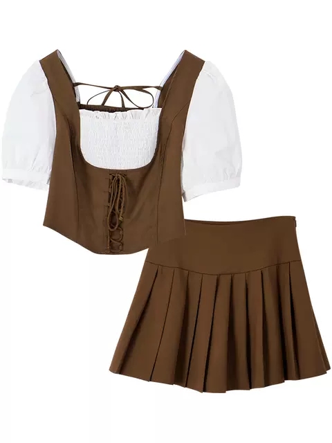 爱衣服一甜辣活泼新款拼接假两件学院风百褶裙学院风校园风裙子