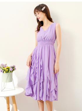 爱衣服季百搭新款气质时尚优雅V领网纱摆裙 1309C-N16965-