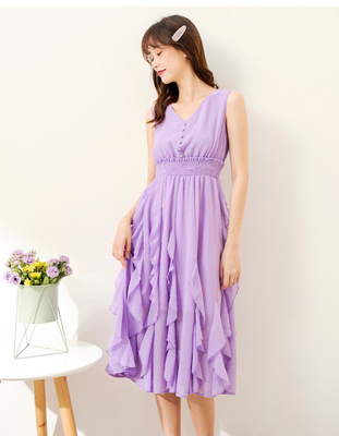 爱衣服季百搭新款气质时尚优雅V领网纱摆裙 1309C-N16965-