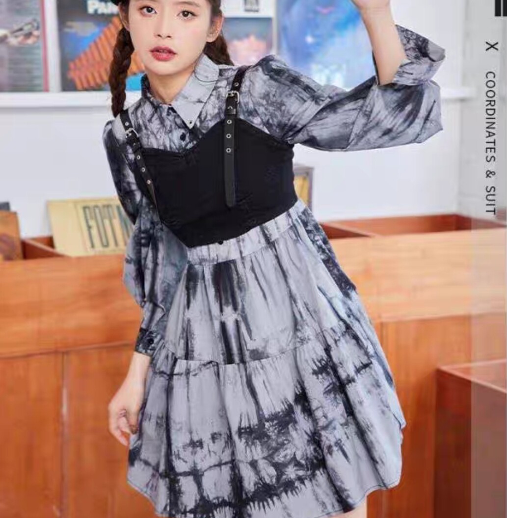 裙|爱衣服扎染连衣裙女+吊带背心两件套装女连衣裙女连衣裙女